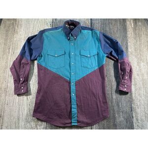 Vintage Roper Shirt Mens Large 16.5 Colorblock Long Sleeve 90 Made In USA Cotton